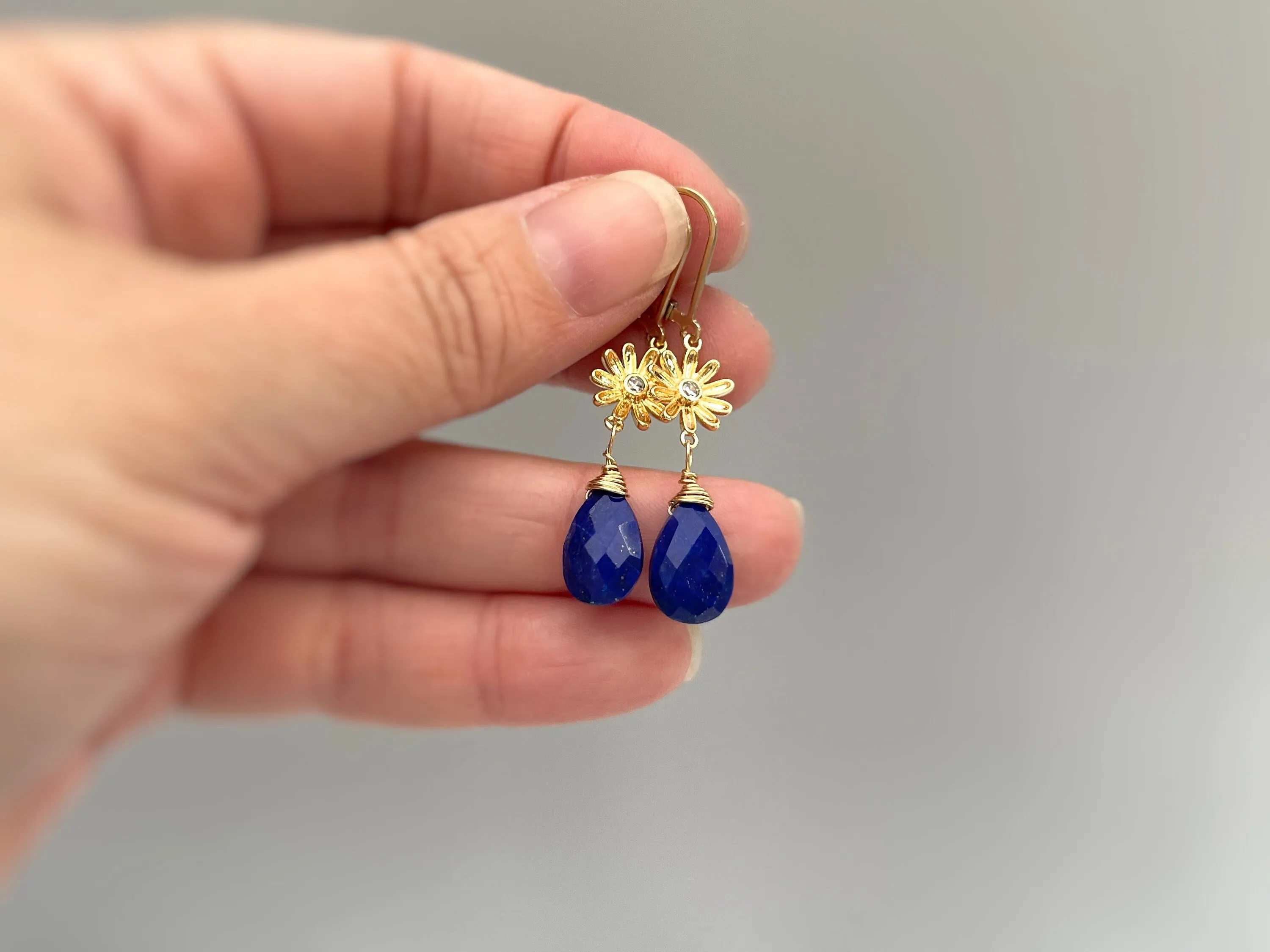 Lapis Sunflower Earrings Gold