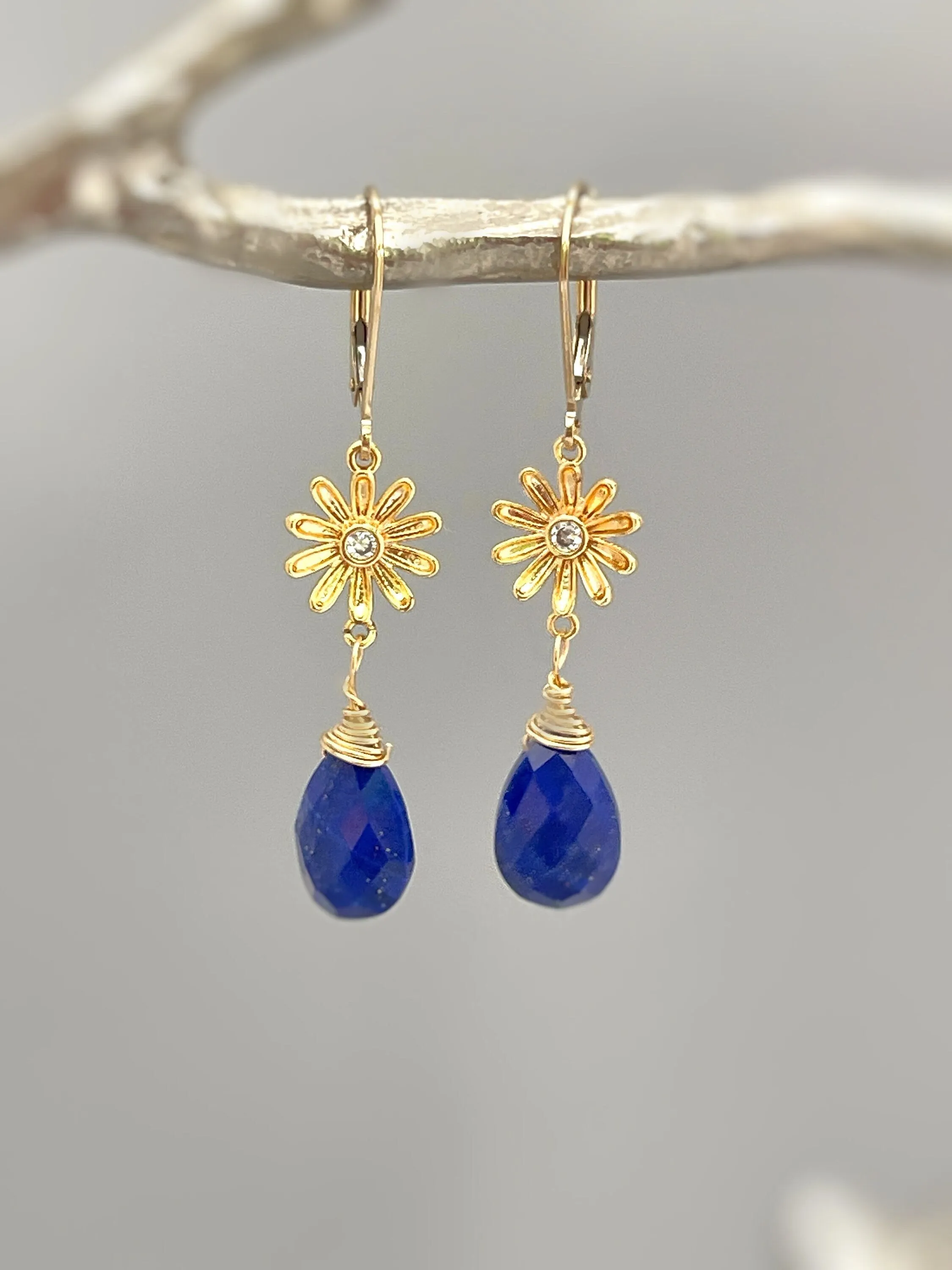 Lapis Sunflower Earrings Gold