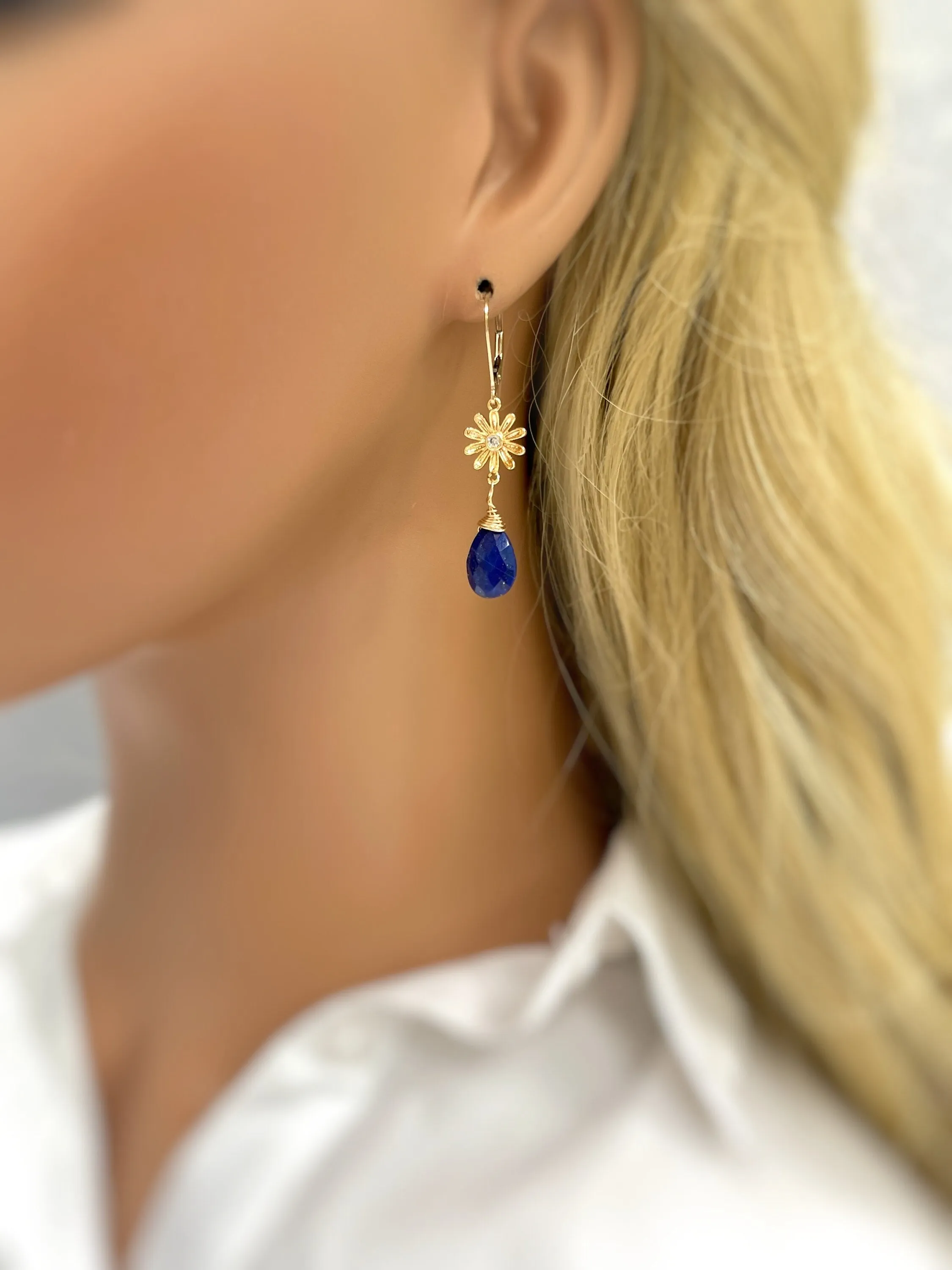 Lapis Sunflower Earrings Gold