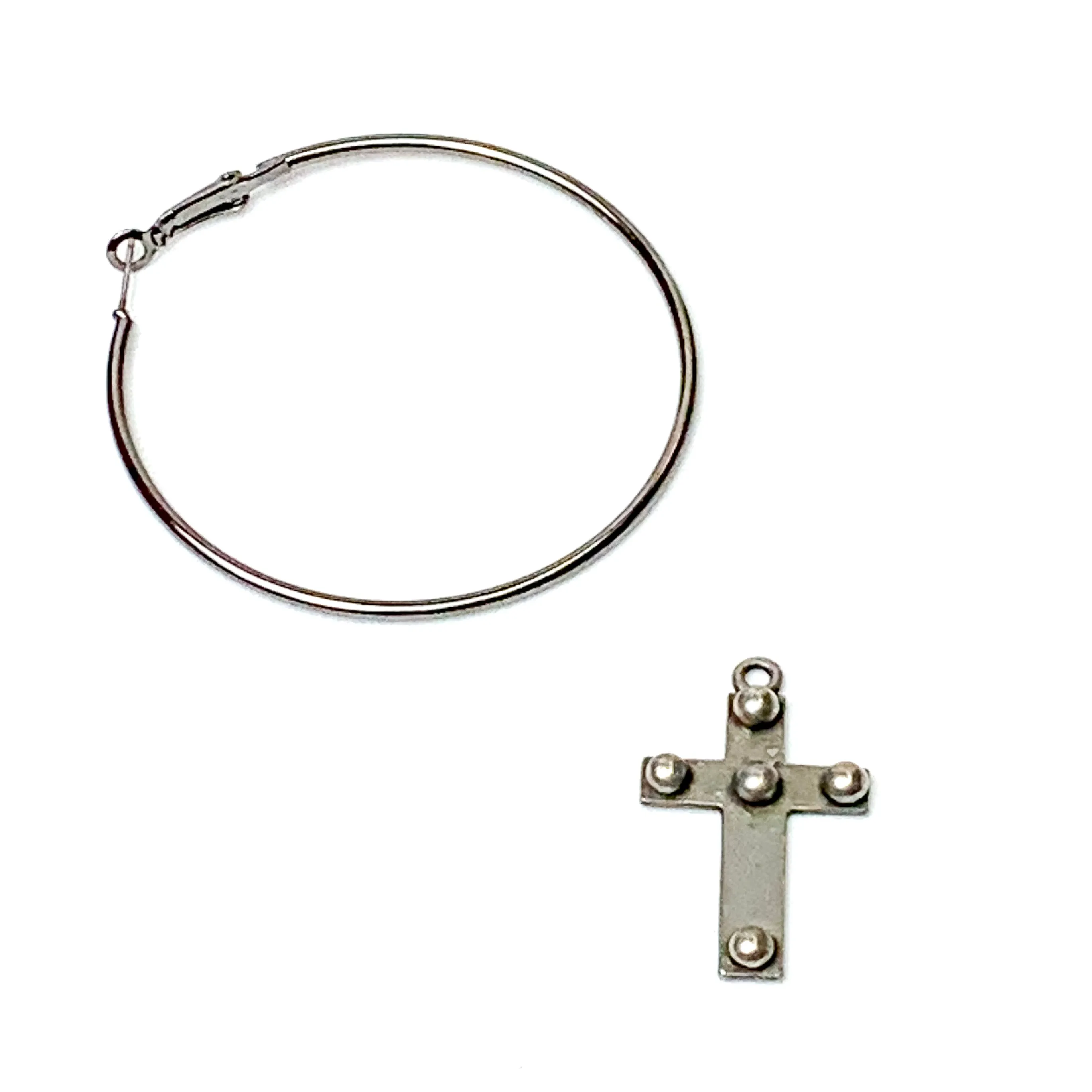 Large Gunmetal Tone Hoop Earrings with Studded Silver Tone Cross Charms