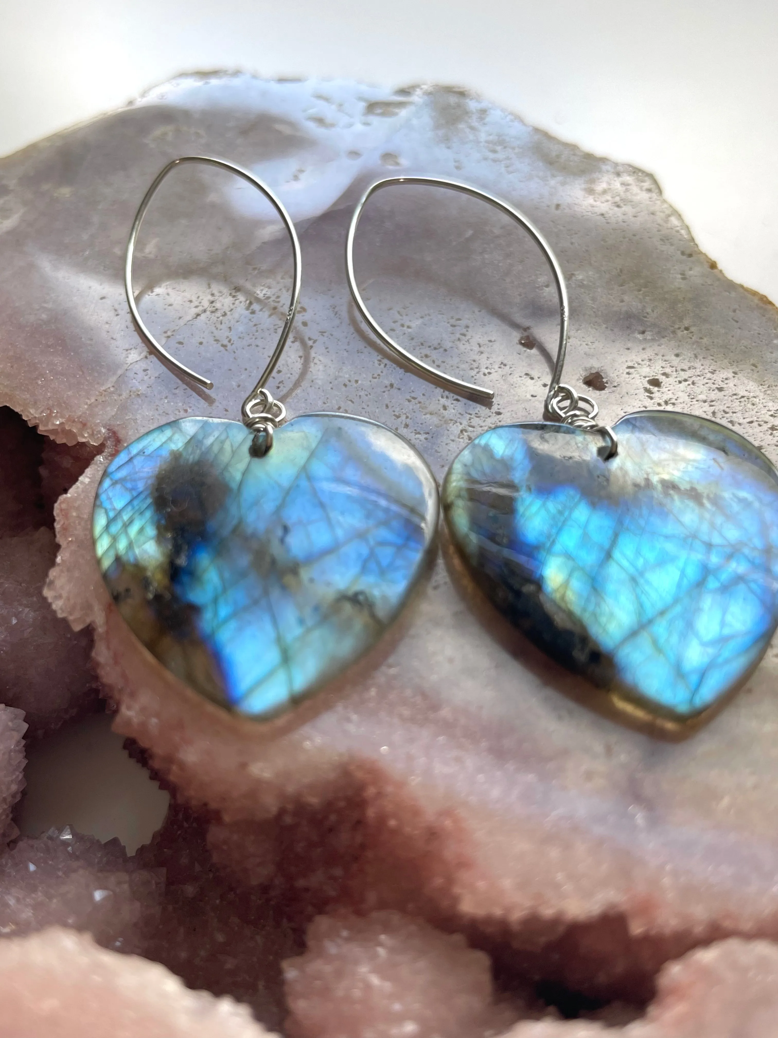 Large Sterling Silver Labradorite Dangle Drop Crystal Earrings