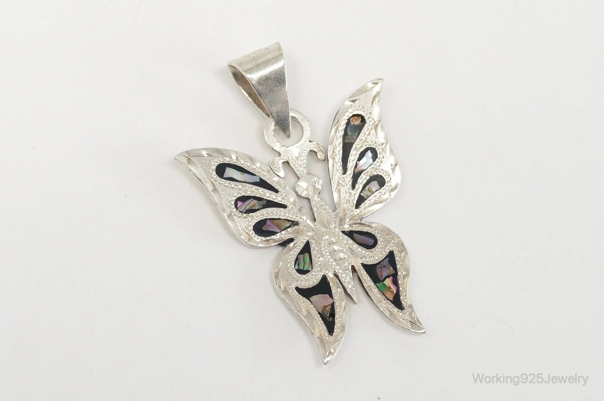 Large Vintage Mexico CC80 Abalone Etched Butterfly Sterling Silver Pendant