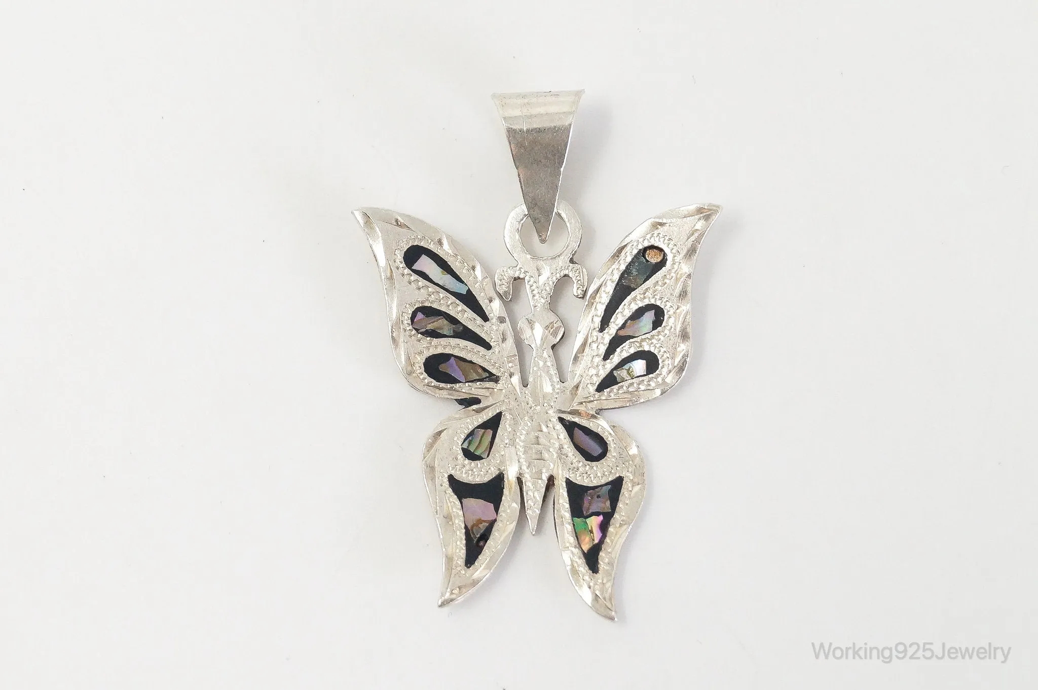 Large Vintage Mexico CC80 Abalone Etched Butterfly Sterling Silver Pendant