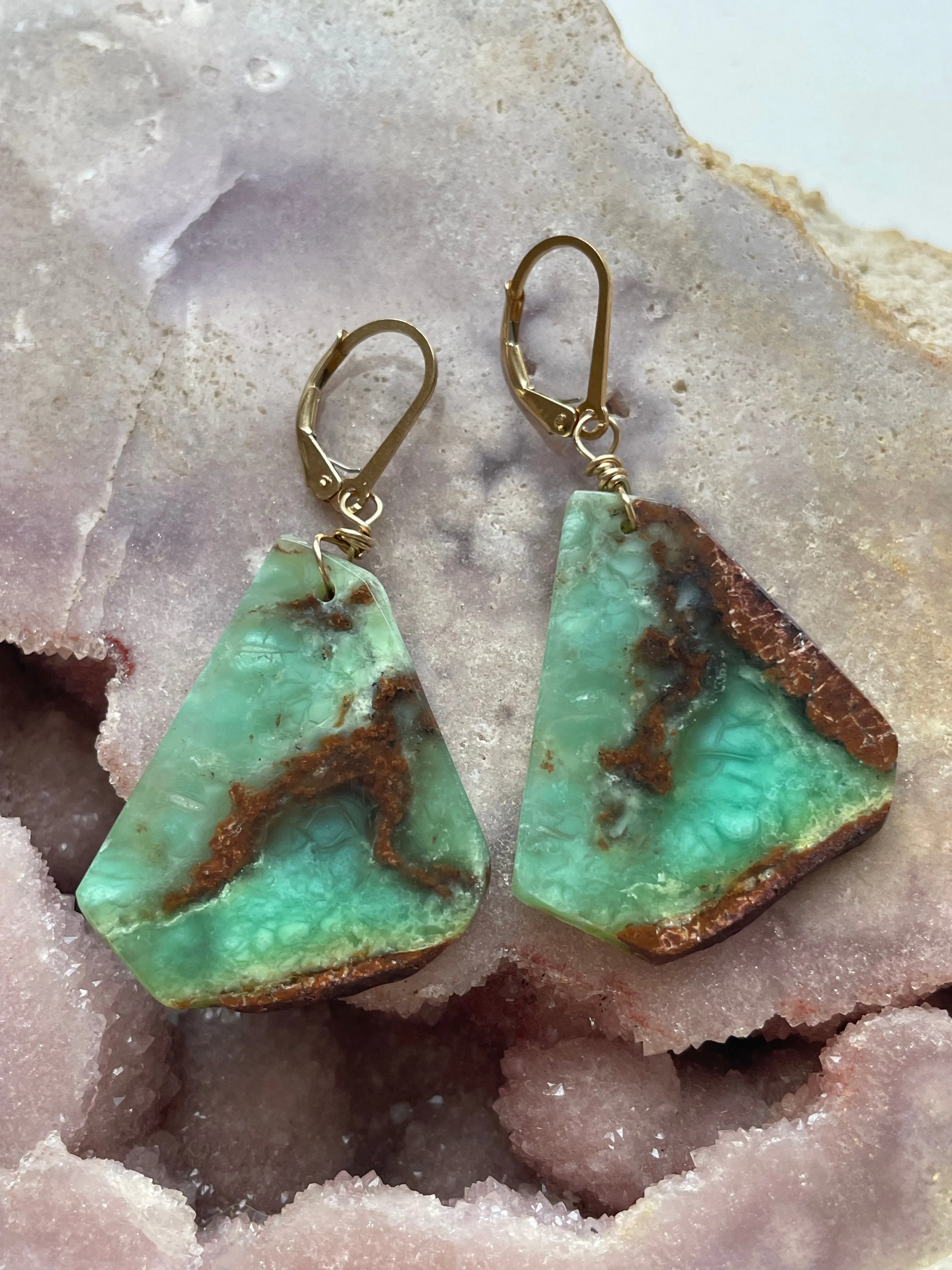 Leverback Chrysoprase Gold Filled Statement Crystal Gemstone Earrings