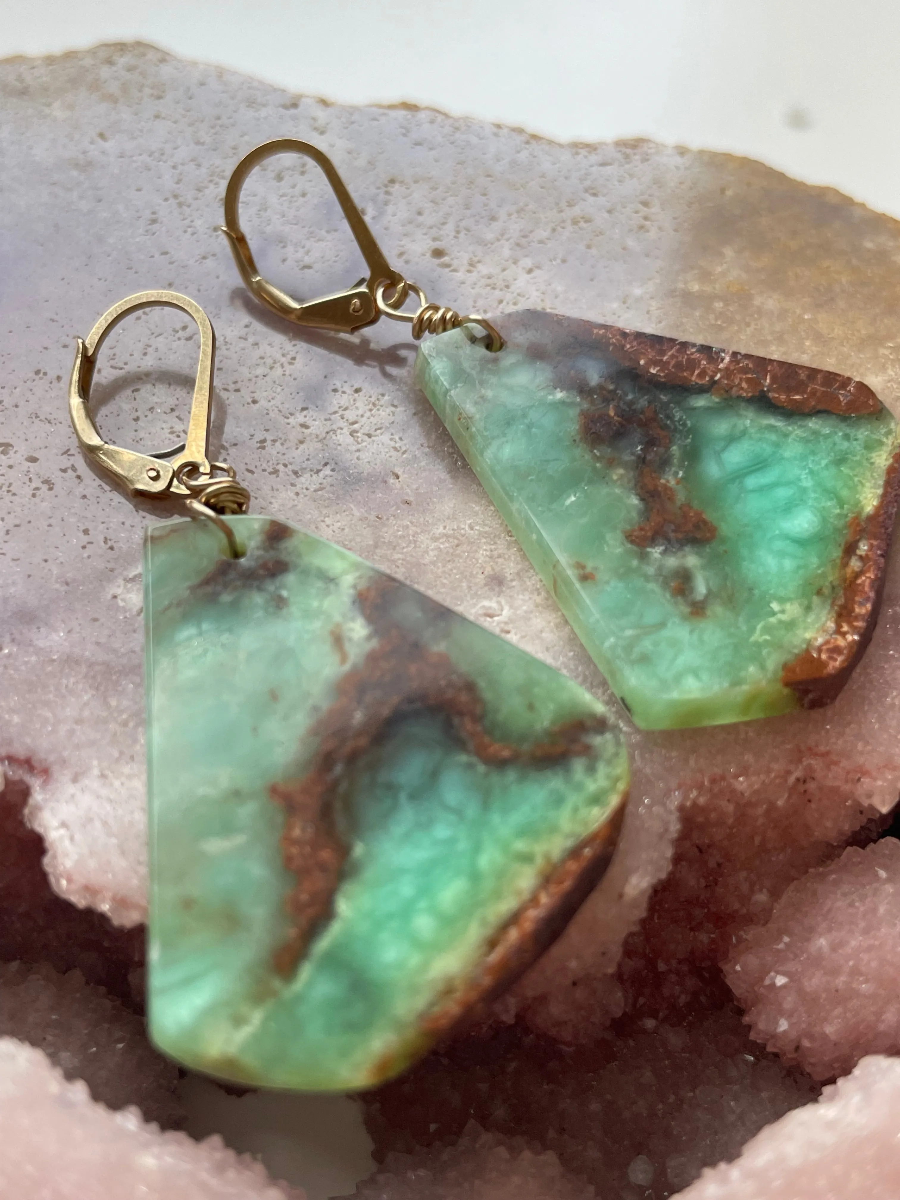 Leverback Chrysoprase Gold Filled Statement Crystal Gemstone Earrings