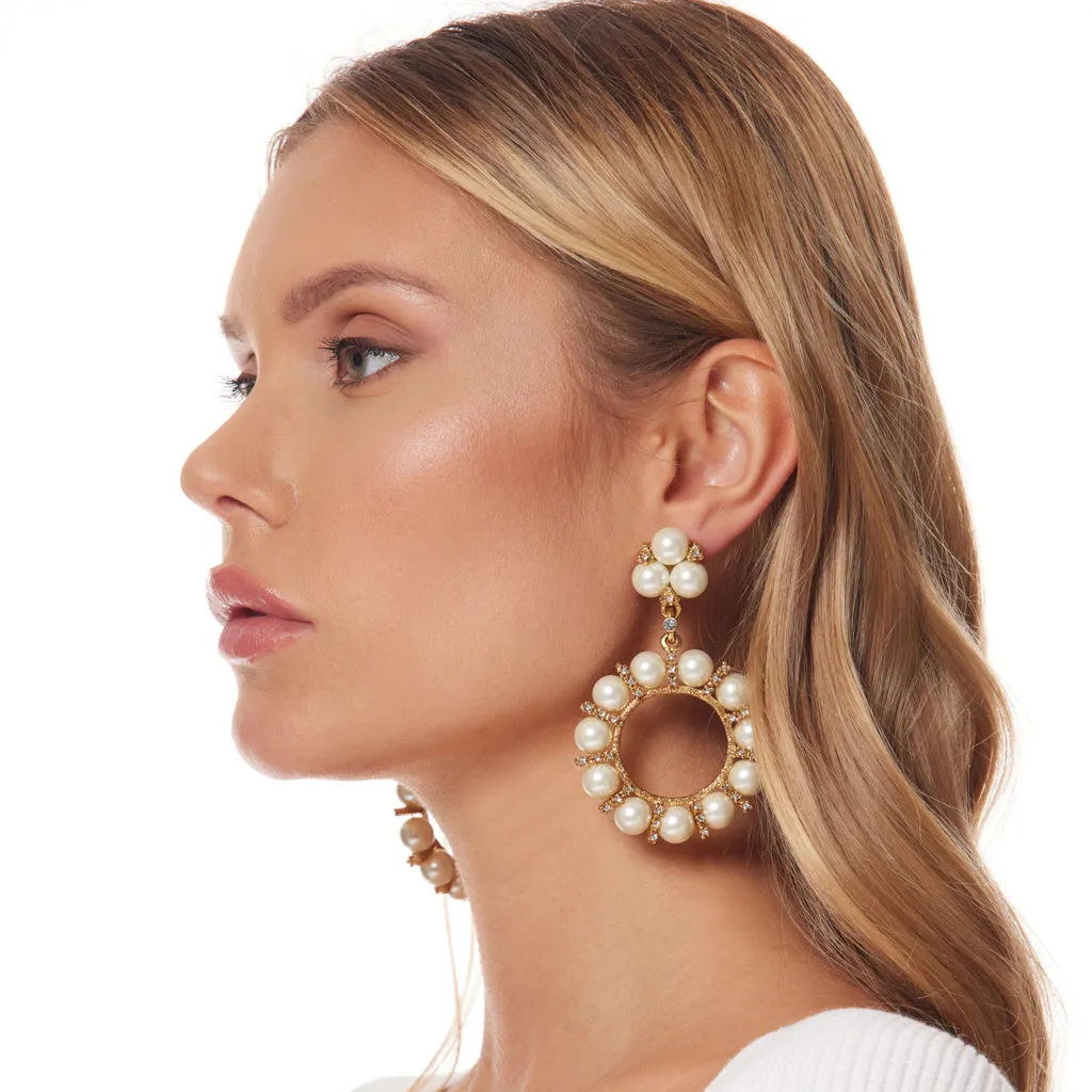 Light Antique Gold and Crystal Clip Earring with 10mm Pearl Balls