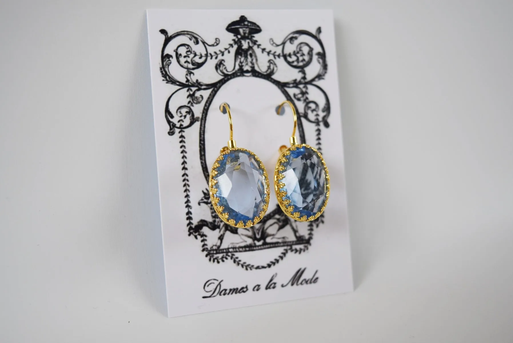 Light Blue Crystal Crown Earrings - Large Ovals