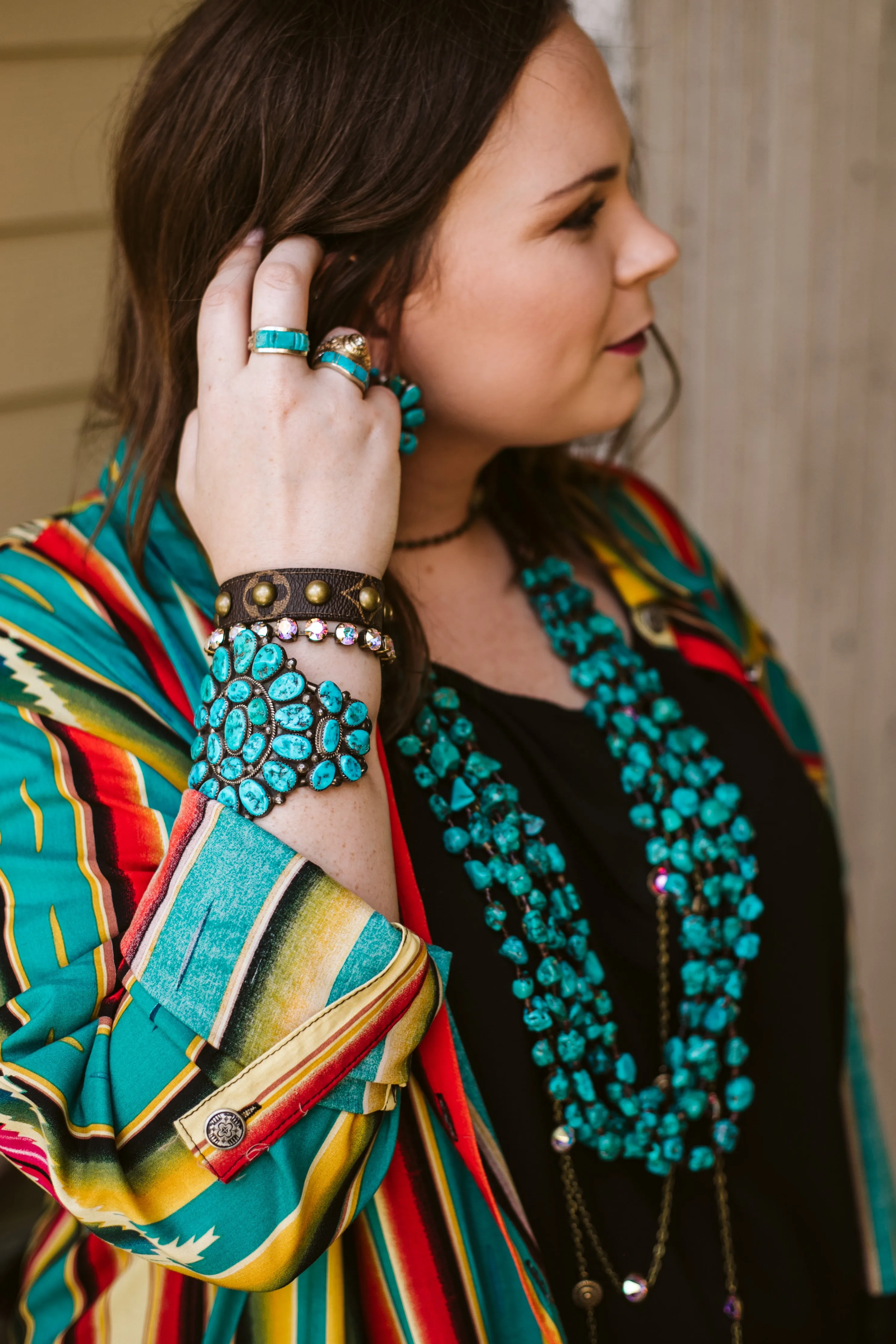 Mark Roanhorse Crawford | Navajo Handmade Vintage Genuine Sterling Silver and Turquoise Stone Cluster Cuff Bracelet