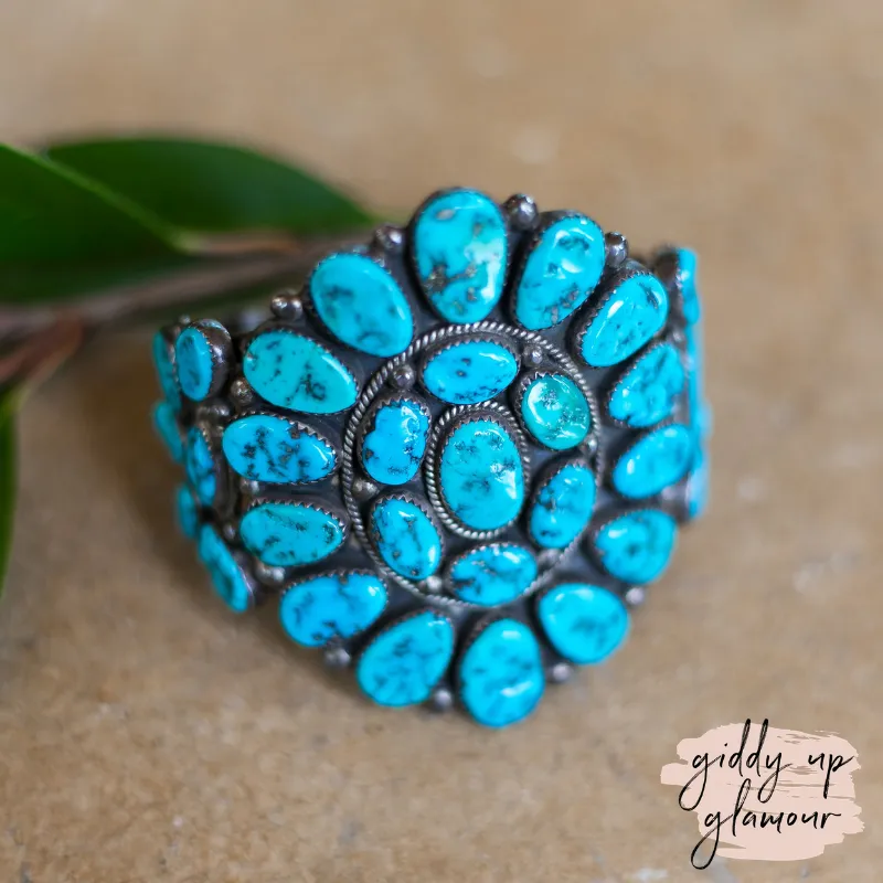 Mark Roanhorse Crawford | Navajo Handmade Vintage Genuine Sterling Silver and Turquoise Stone Cluster Cuff Bracelet