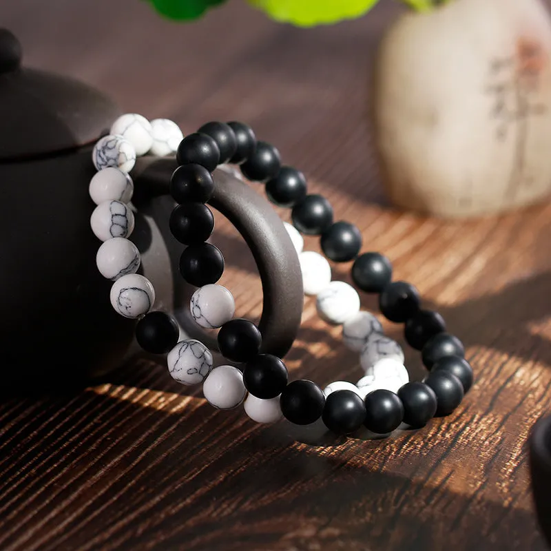 Matte Black Agate and Turquoise Beaded Couple's Bracelet for Men and Women