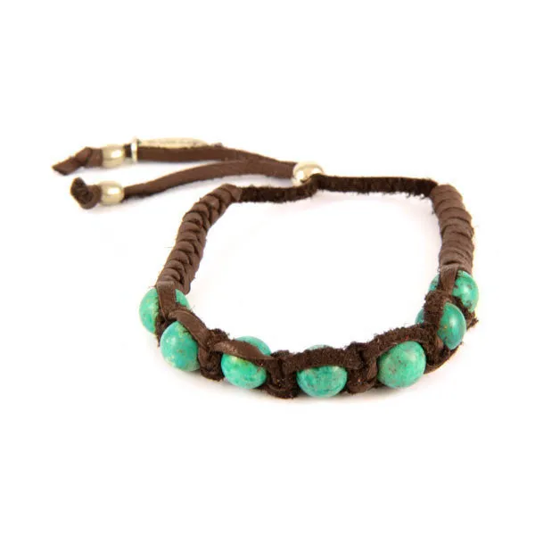 Mens Turquoise Semi Precious Beaded Deerskin Leather Adjustable Bracelet