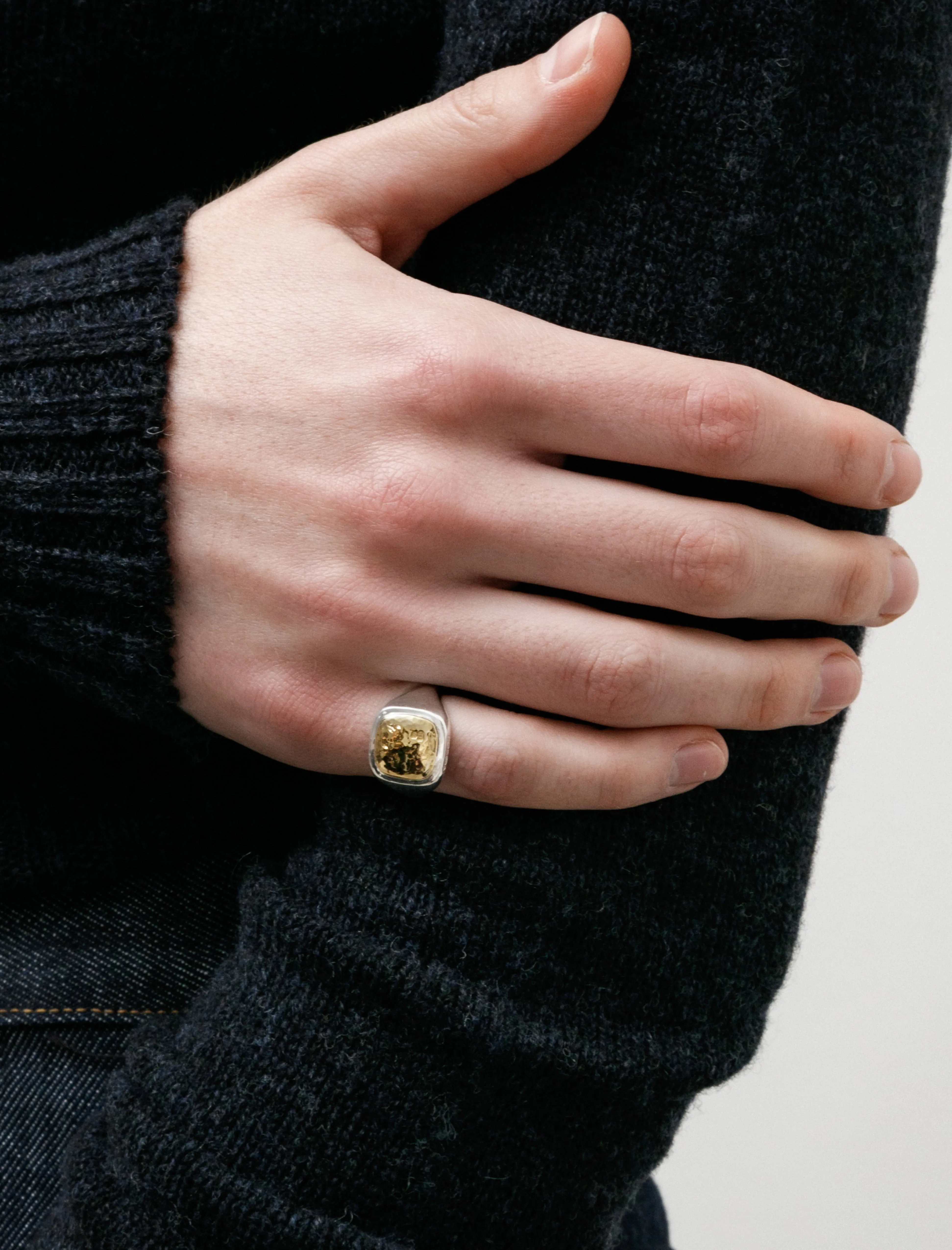 Mini Cushion Signet Ring W Hammered Silver Yellow Gold