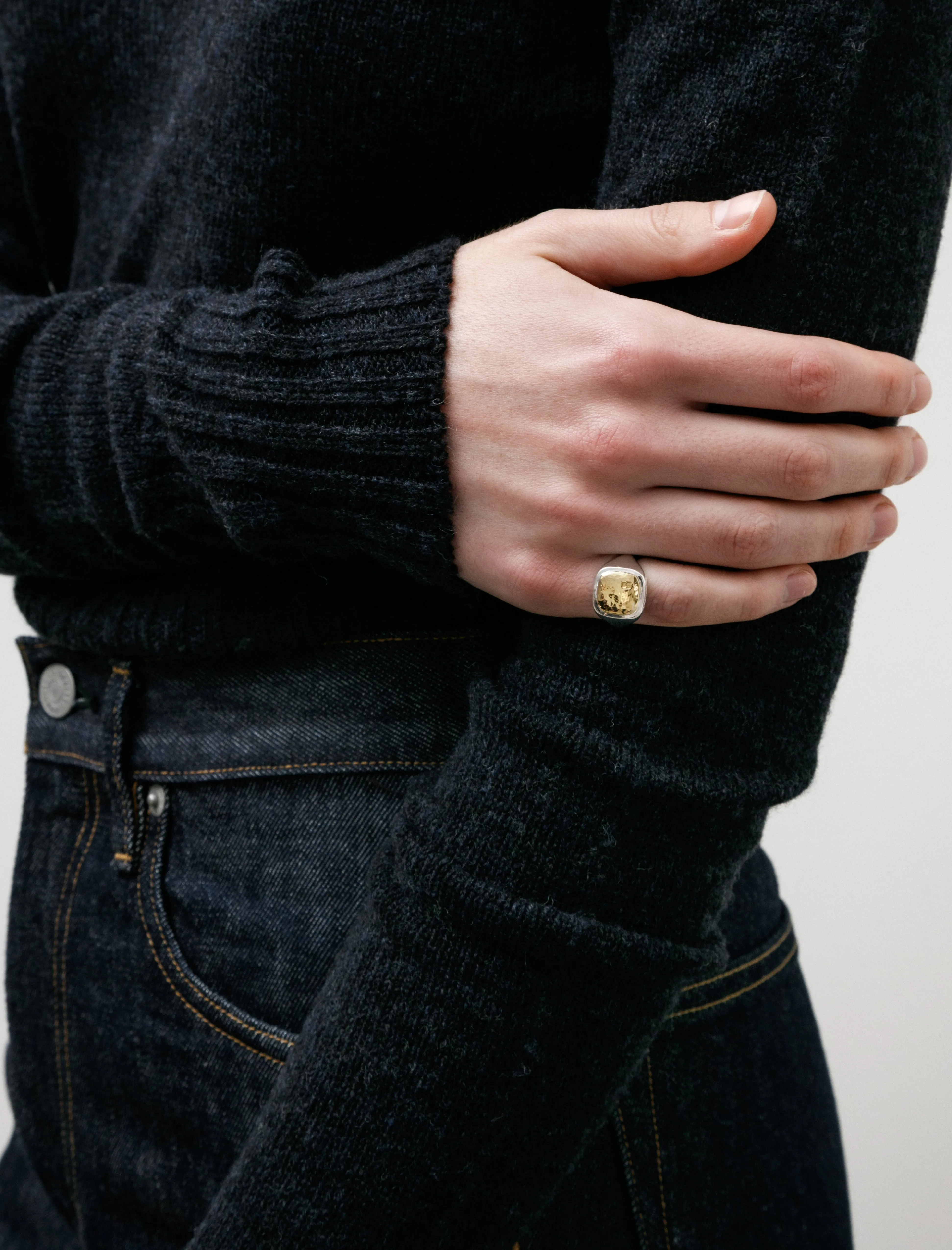 Mini Cushion Signet Ring W Hammered Silver Yellow Gold