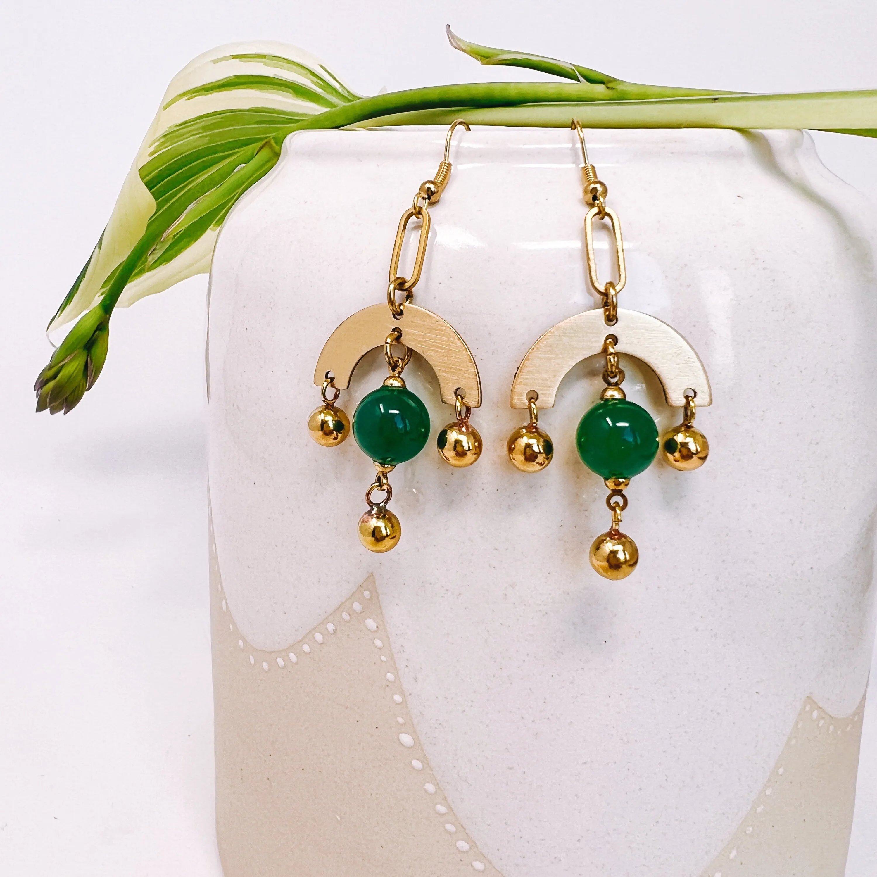 Modern Brass Dangle Earring Rainbow With Semi-Precious Stone