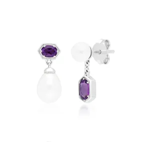 Moderne Perle & Amethyst Asymmetrische Tropfen Ohrringe in Sterling Silber