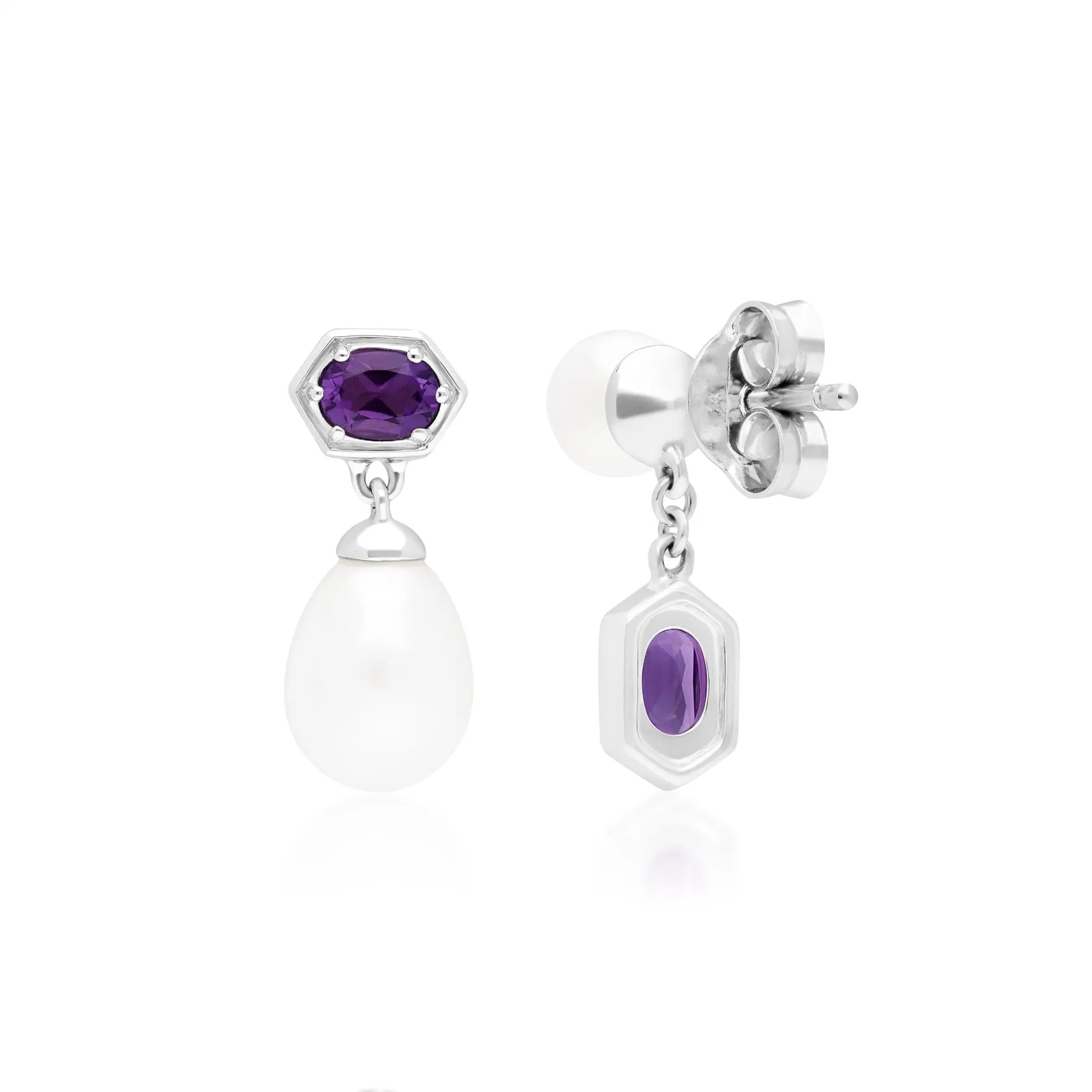 Moderne Perle & Amethyst Asymmetrische Tropfen Ohrringe in Sterling Silber