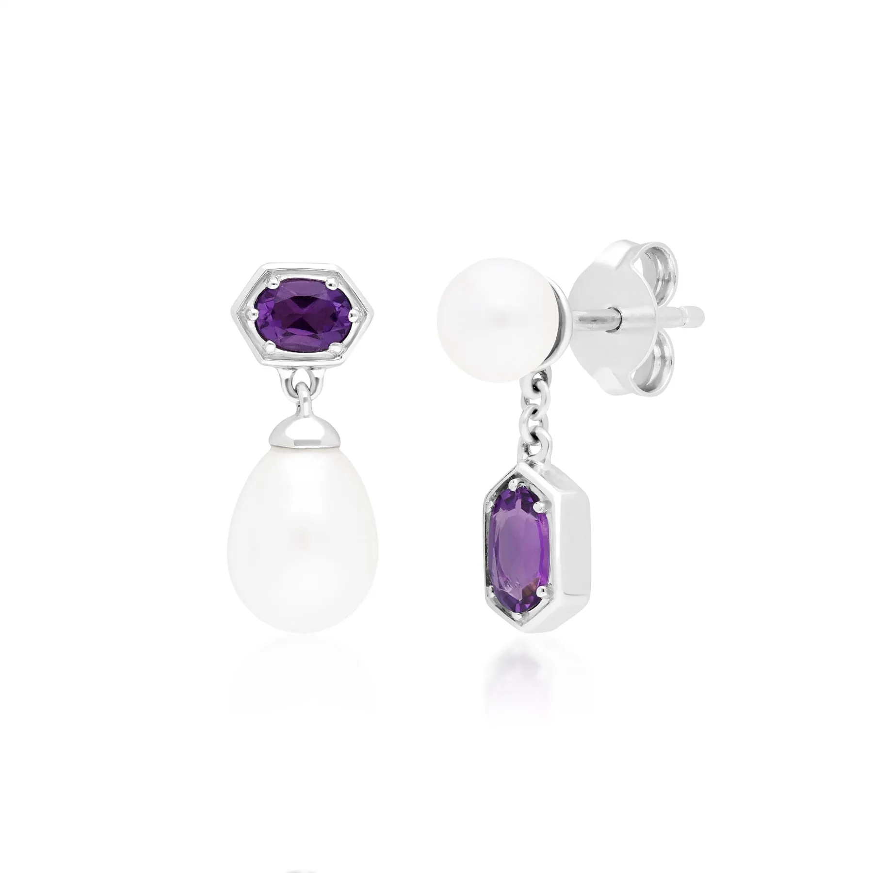 Moderne Perle & Amethyst Asymmetrische Tropfen Ohrringe in Sterling Silber