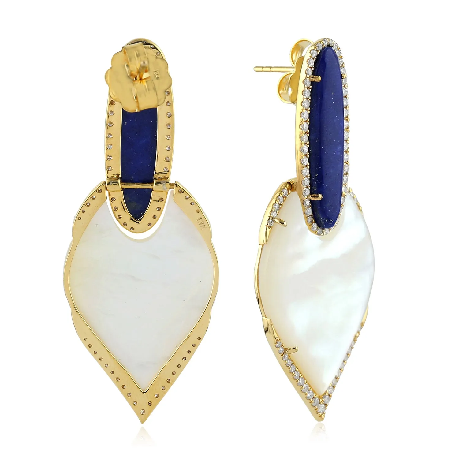 Natural Fancy Cut MOP Oval Lapis Prong Diamond Party Wear Danglers In 18K Solid Gold For Her