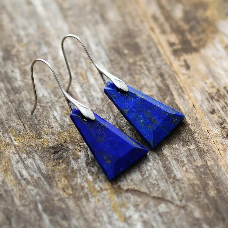 Natural Lapis Lazuli Triangle Dangle Drop Earrings