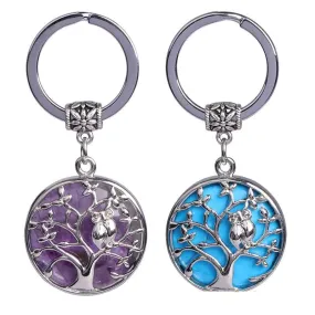 Natural Stone Keychains Silver Color Tree of Life Keyring Healing Crystal Car Bag Wallet Decor Keyholder