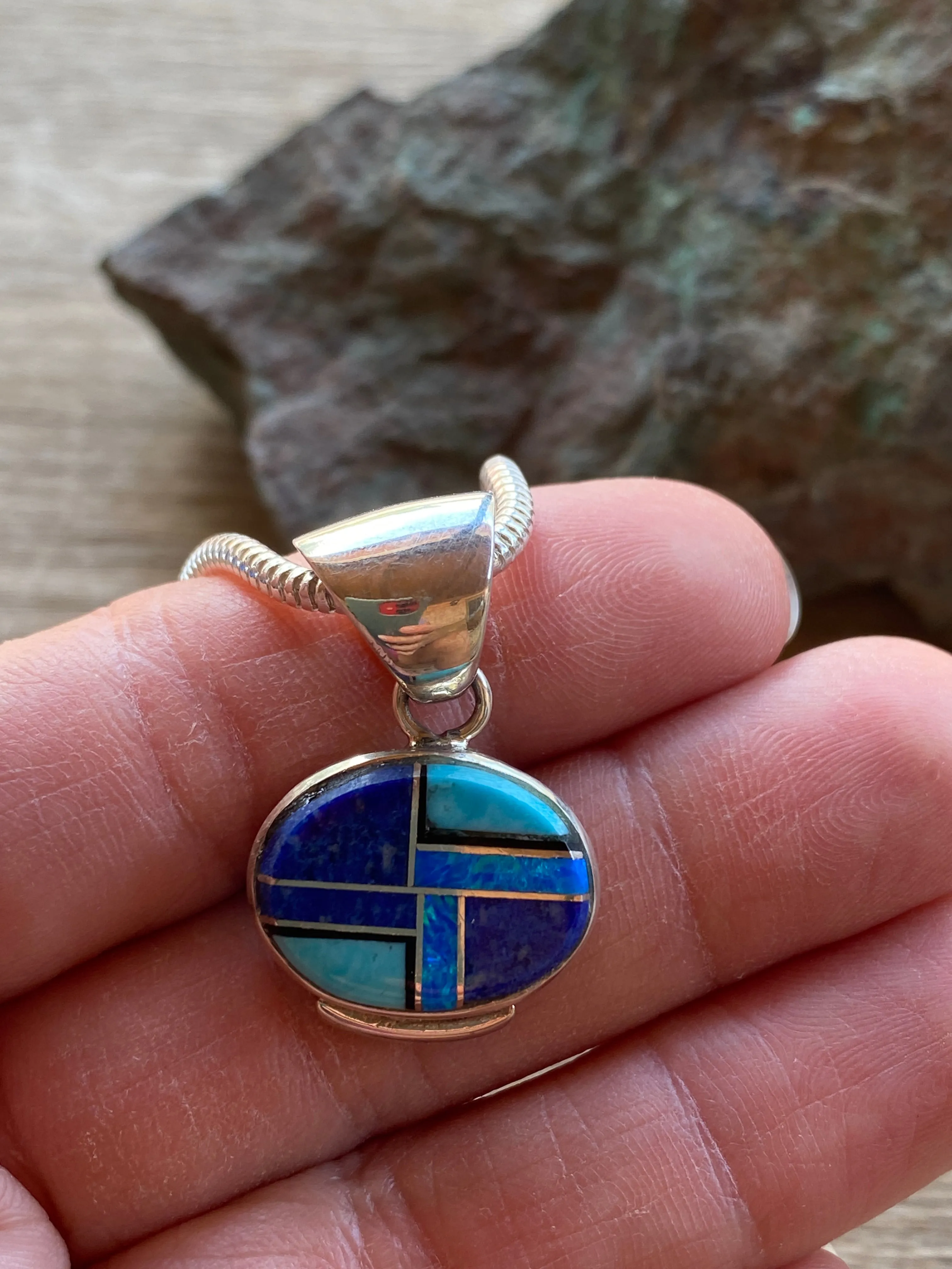 Navajo Lapis, Turquoise, Blue Opal Small Oval Pendant