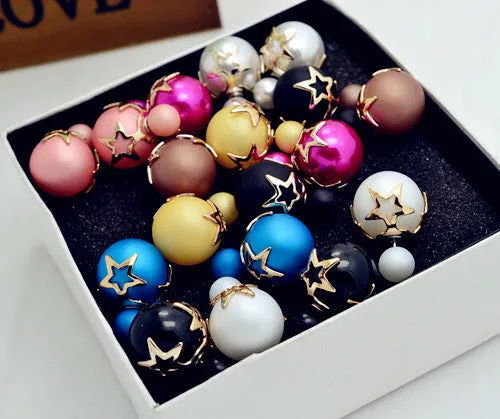 New Fashion jewelry double side matte 16MM pearl stud star flower design gift for women girl mix color