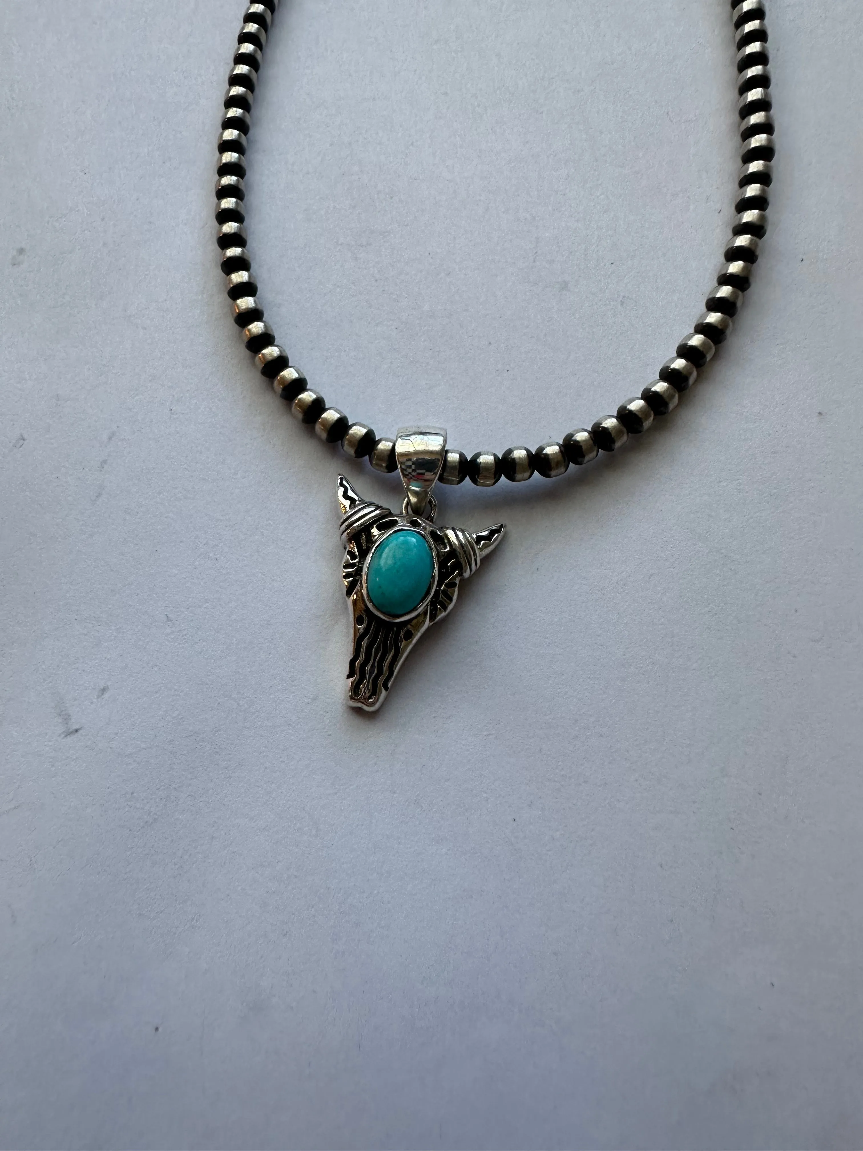 Nizhoni Turquoise & Sterling Silver Cow Skull Pendant Signed Nizhoni