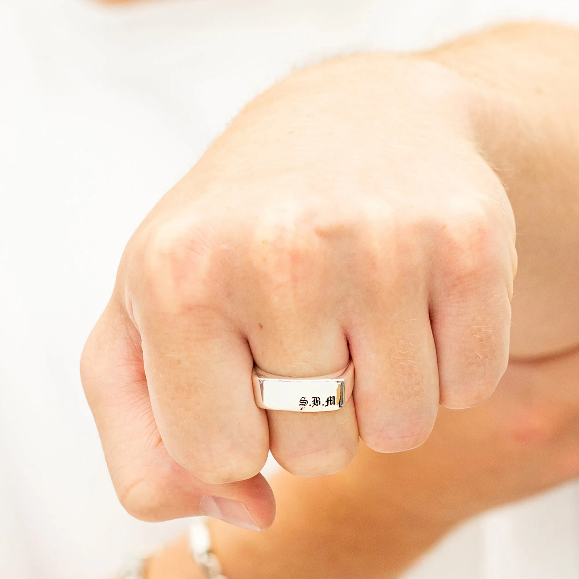 Old English Engraved Rectangle Silver Signet Ring