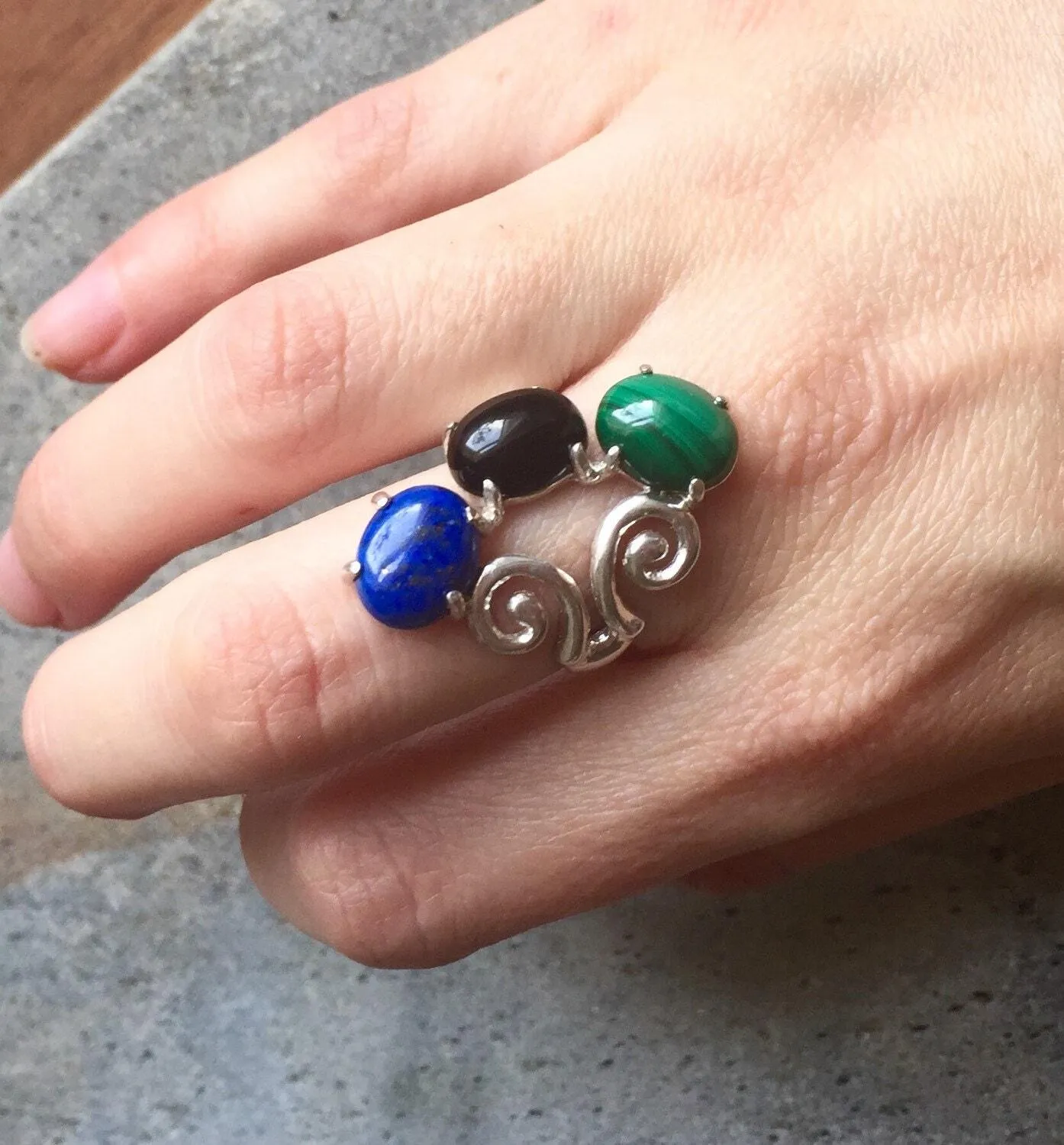 Onyx Statement Ring - Three Stone Ring - Long Boho Ring