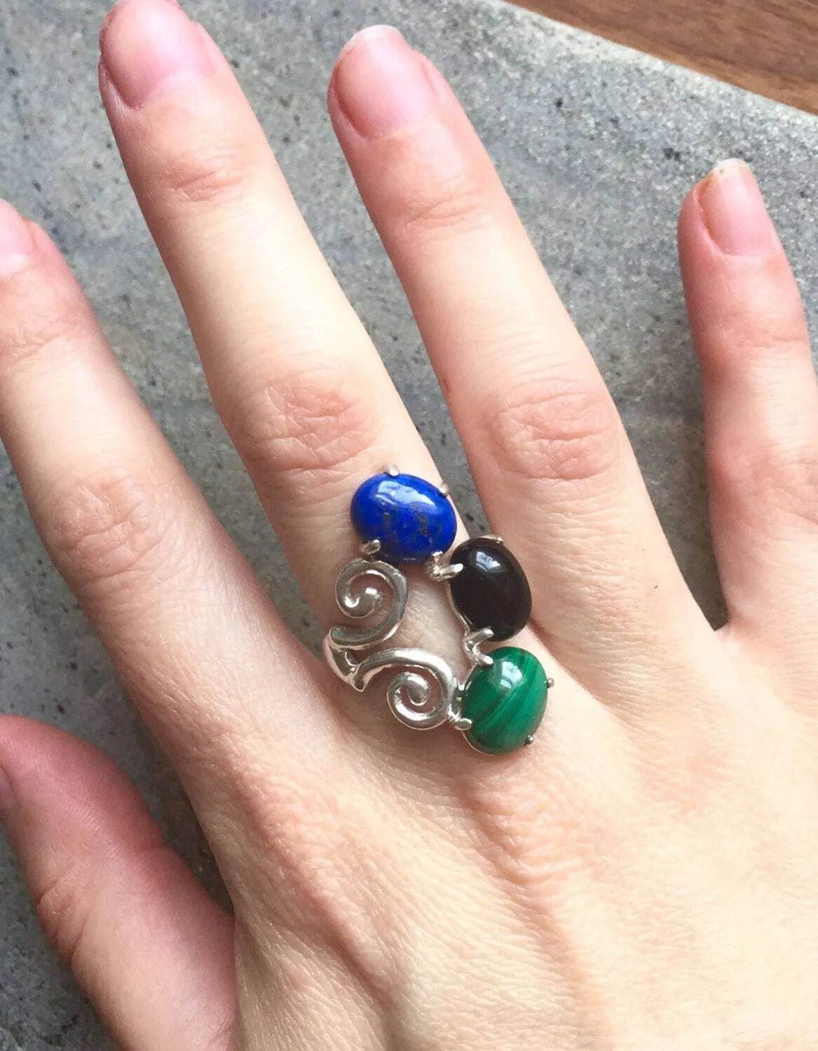 Onyx Statement Ring - Three Stone Ring - Long Boho Ring