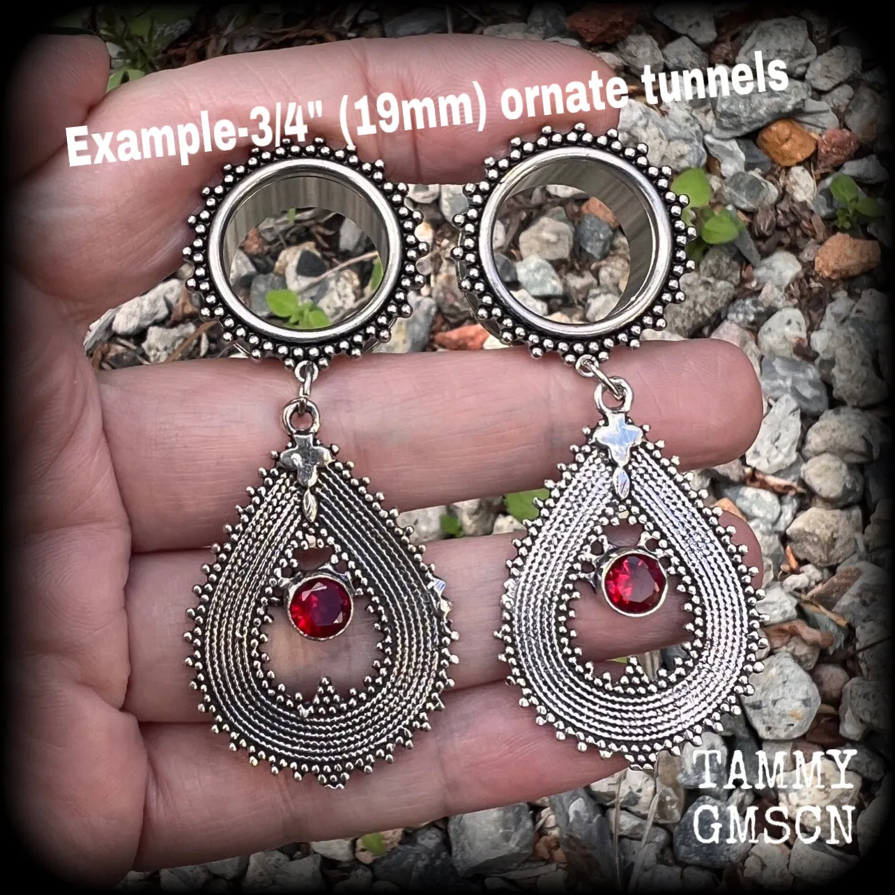 Ornate Garnet gemstone tunnel dangles-Gemstone ear gauges