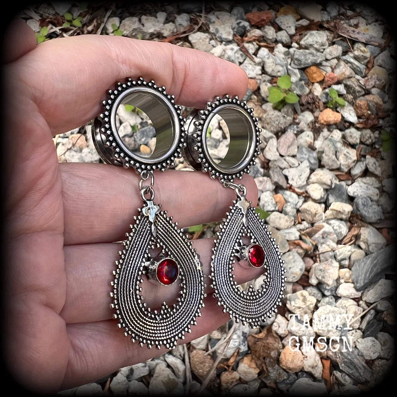 Ornate Garnet gemstone tunnel dangles-Gemstone ear gauges