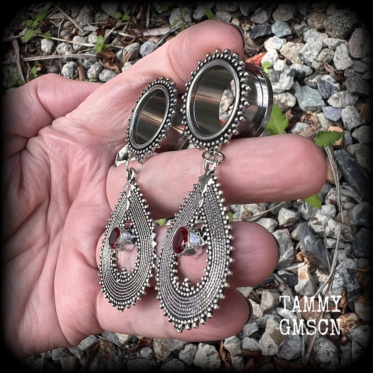 Ornate Garnet gemstone tunnel dangles-Gemstone ear gauges