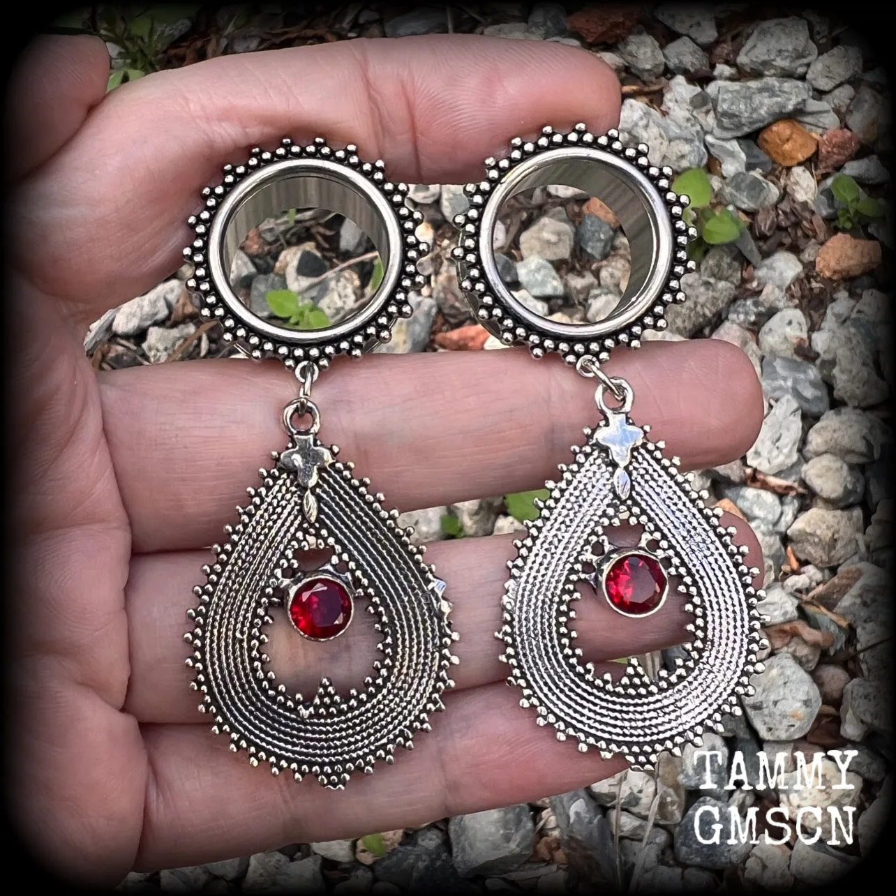 Ornate Garnet gemstone tunnel dangles-Gemstone ear gauges