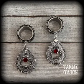 Ornate Garnet gemstone tunnel dangles-Gemstone ear gauges