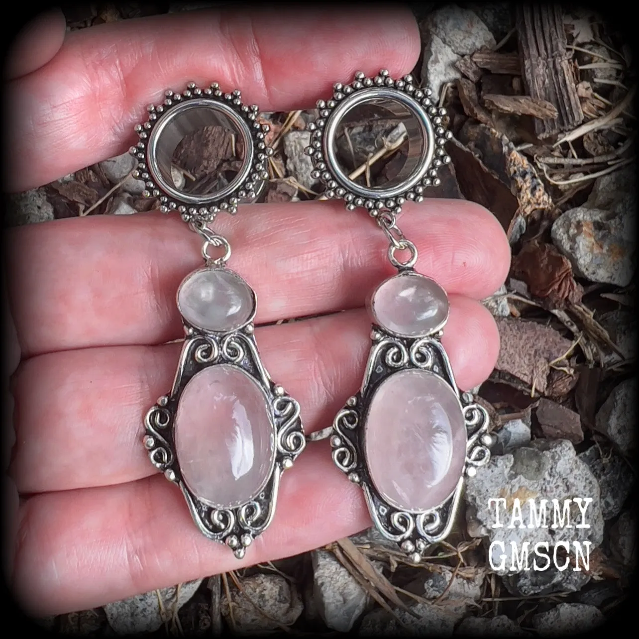 Ornate Rose quartz gemstone tunnel dangles-Gemstone gauges