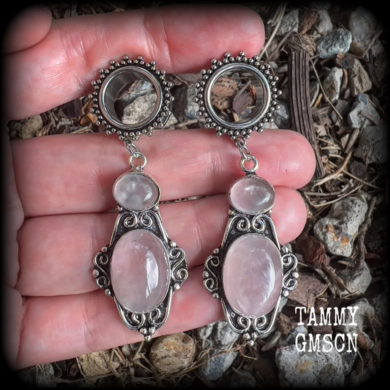 Ornate Rose quartz gemstone tunnel dangles-Gemstone gauges