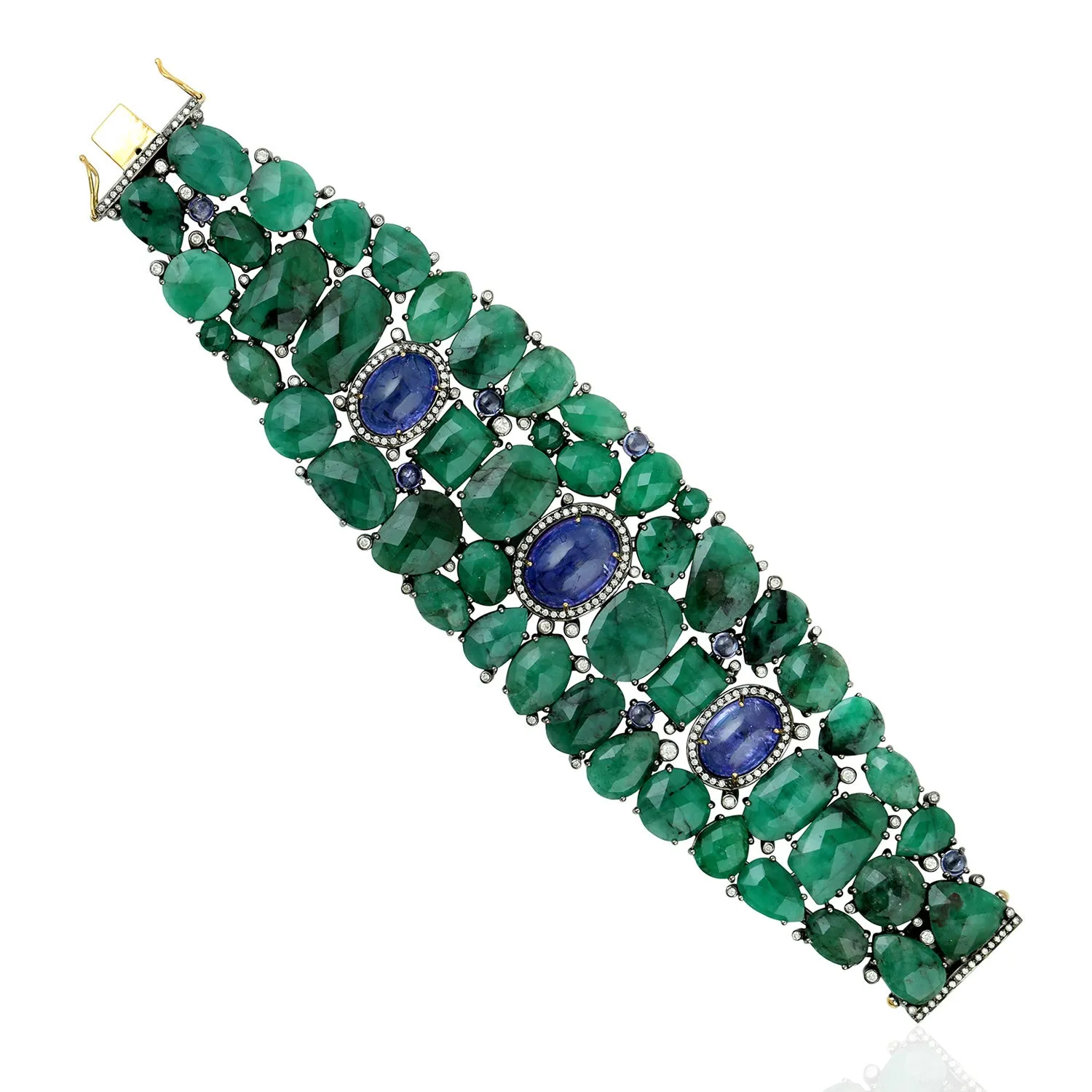 Oval Tanzanite Unshaped Emerald Bezel Diamond 18K Yellow Gold Silver Statement Designer Bracelet