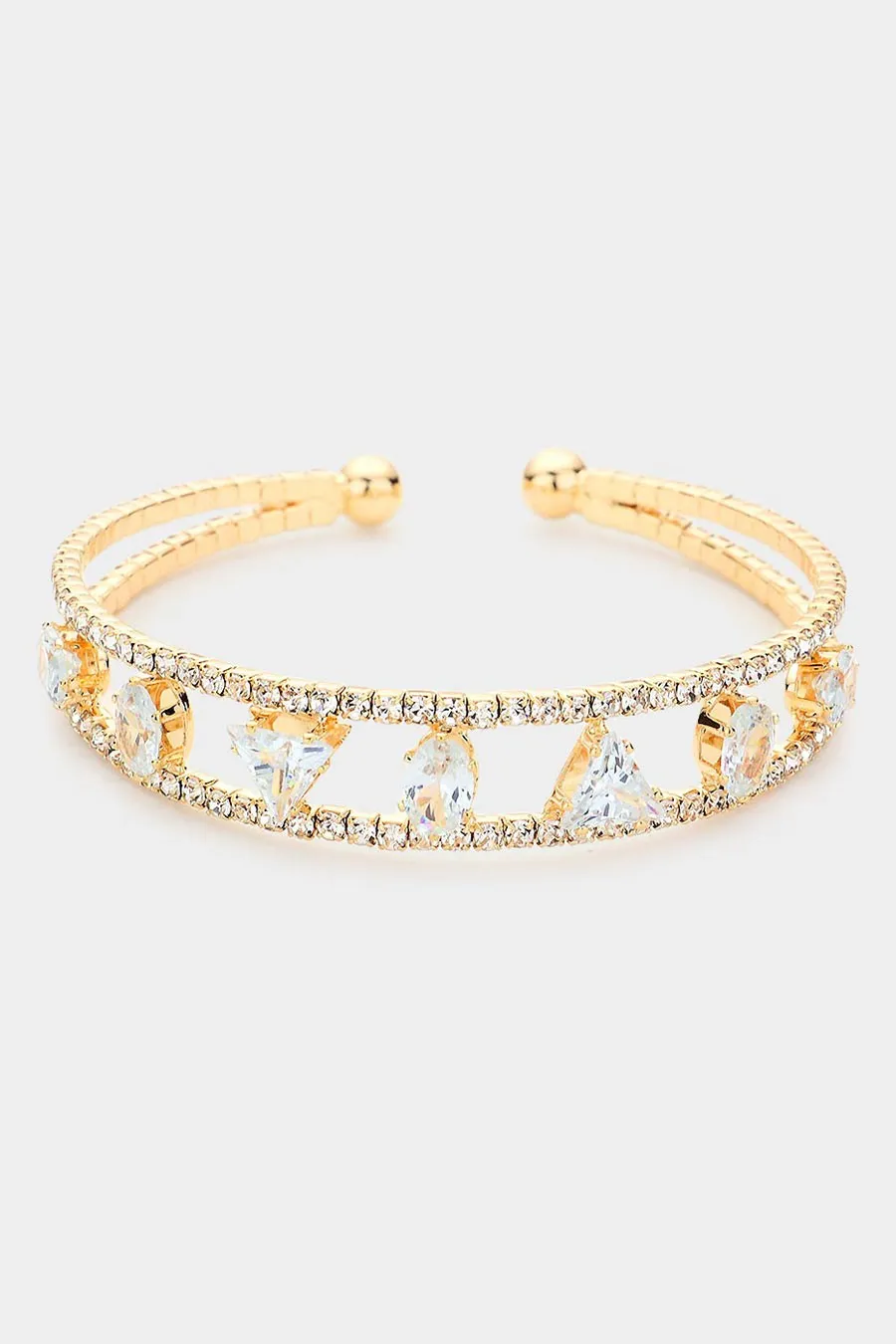 Oval Triangle Stone Accented Rhinestone Cuff Bracelet - Gold or Silver