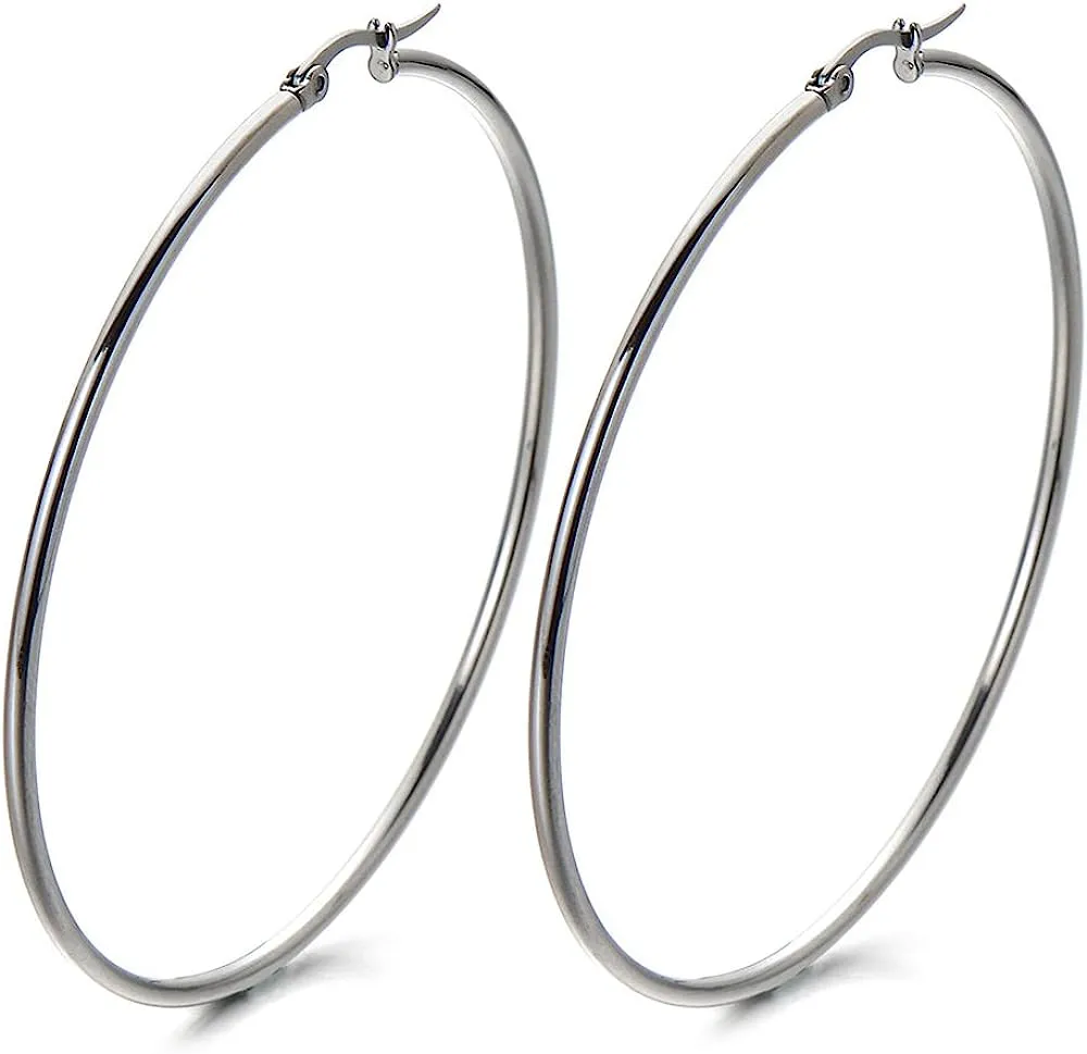 Pair Stainless Steel Large Plain Circle Huggie Hoop Earrings for Women