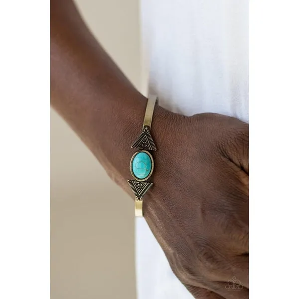 Paparazzi Apache Trail Turquoise (Faux) Stone Geometric Brass Cuff Bracelet