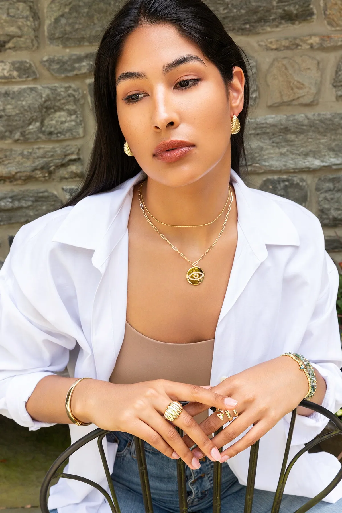 paperclip chain necklace with crystal evil eye coin charm