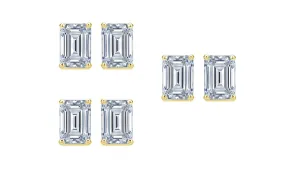 Paris jewelry 14k Yellow Gold 4mm 2Ct Emerald Cut White Sapphire Set Of Three Stud Earrings Plated