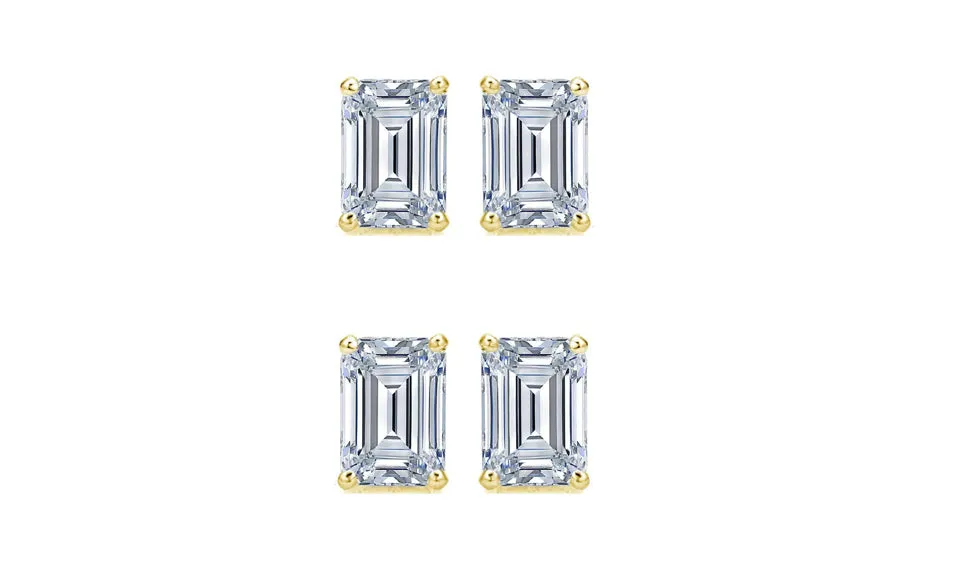 Paris jewelry 14k Yellow Gold 4mm 4Ct Emerald Cut White Sapphire Set Of Two Stud Earrings Plated