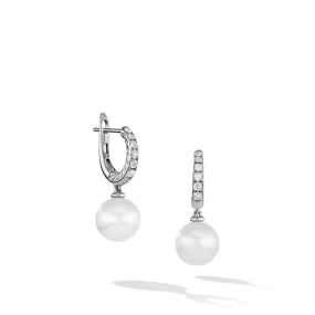 Pearl and Pave Drop Earrings in Sterling Silver with Diamonds