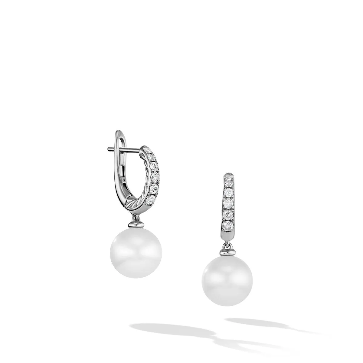 Pearl and Pave Drop Earrings in Sterling Silver with Diamonds