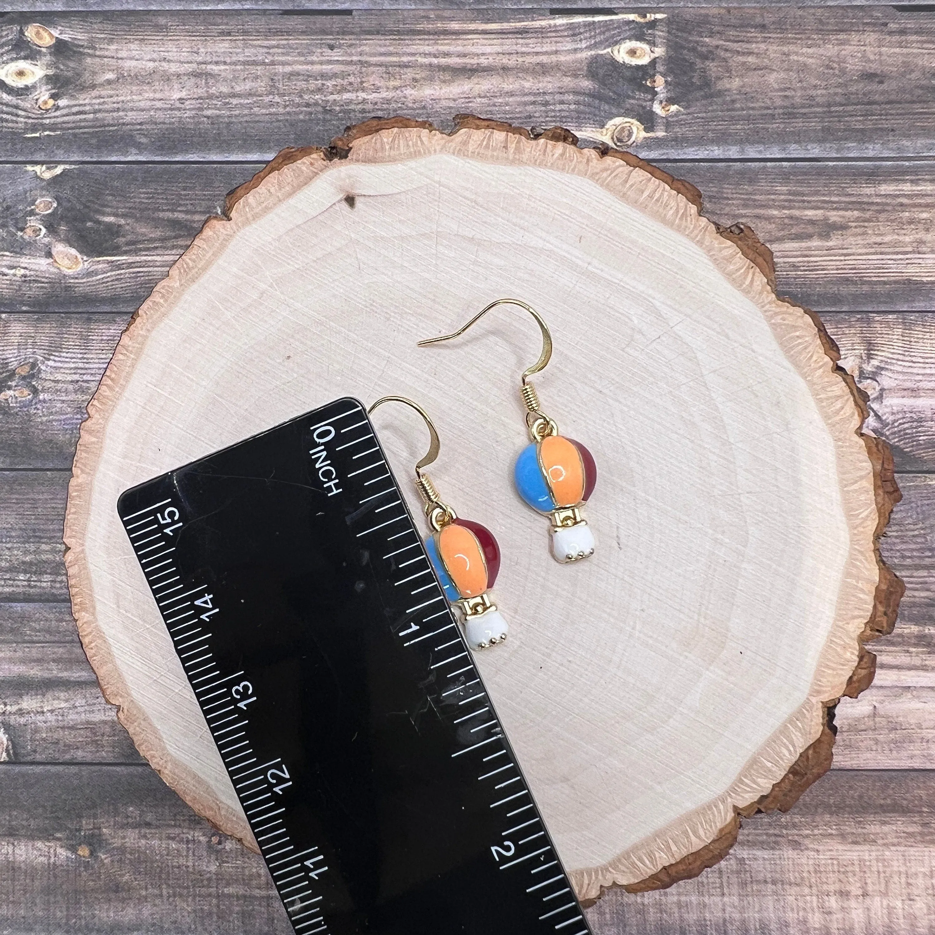 Petite Dainty Hot Air Balloon Earrings, Hypoallergenic, Goldtone, Enamel, Red Orange Blue - Clearance