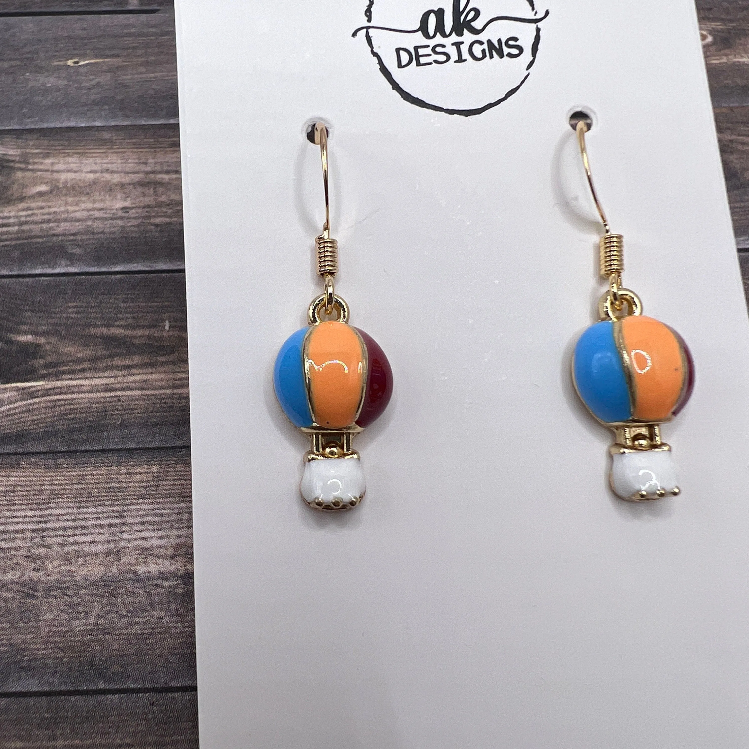 Petite Dainty Hot Air Balloon Earrings, Hypoallergenic, Goldtone, Enamel, Red Orange Blue - Clearance