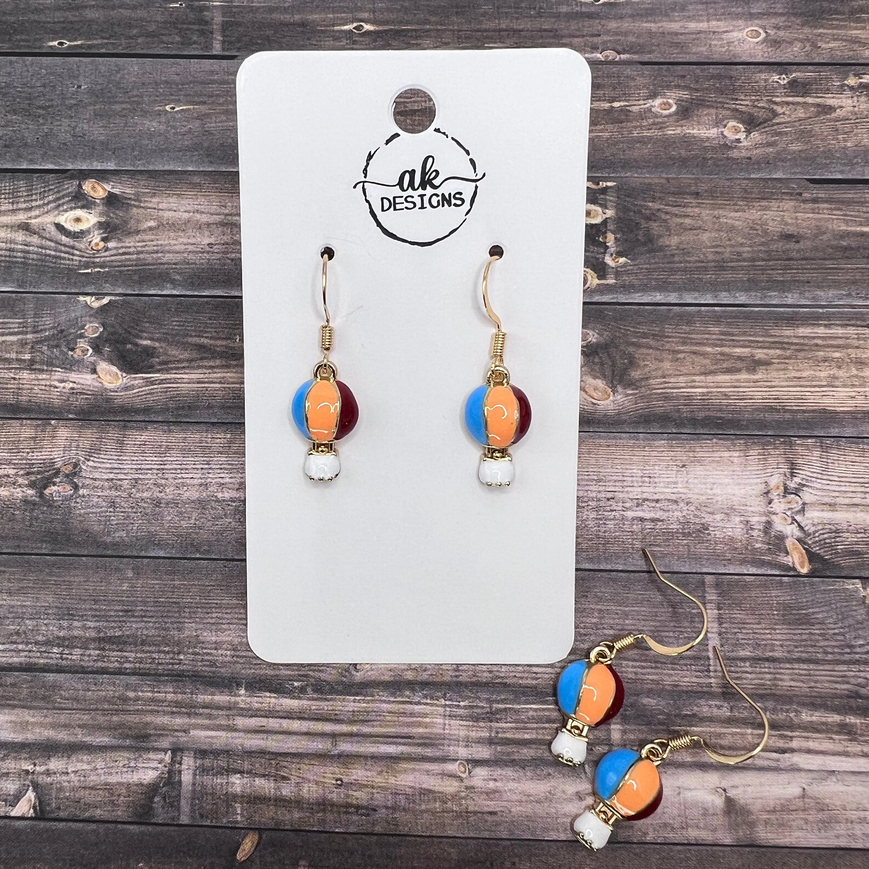 Petite Dainty Hot Air Balloon Earrings, Hypoallergenic, Goldtone, Enamel, Red Orange Blue - Clearance