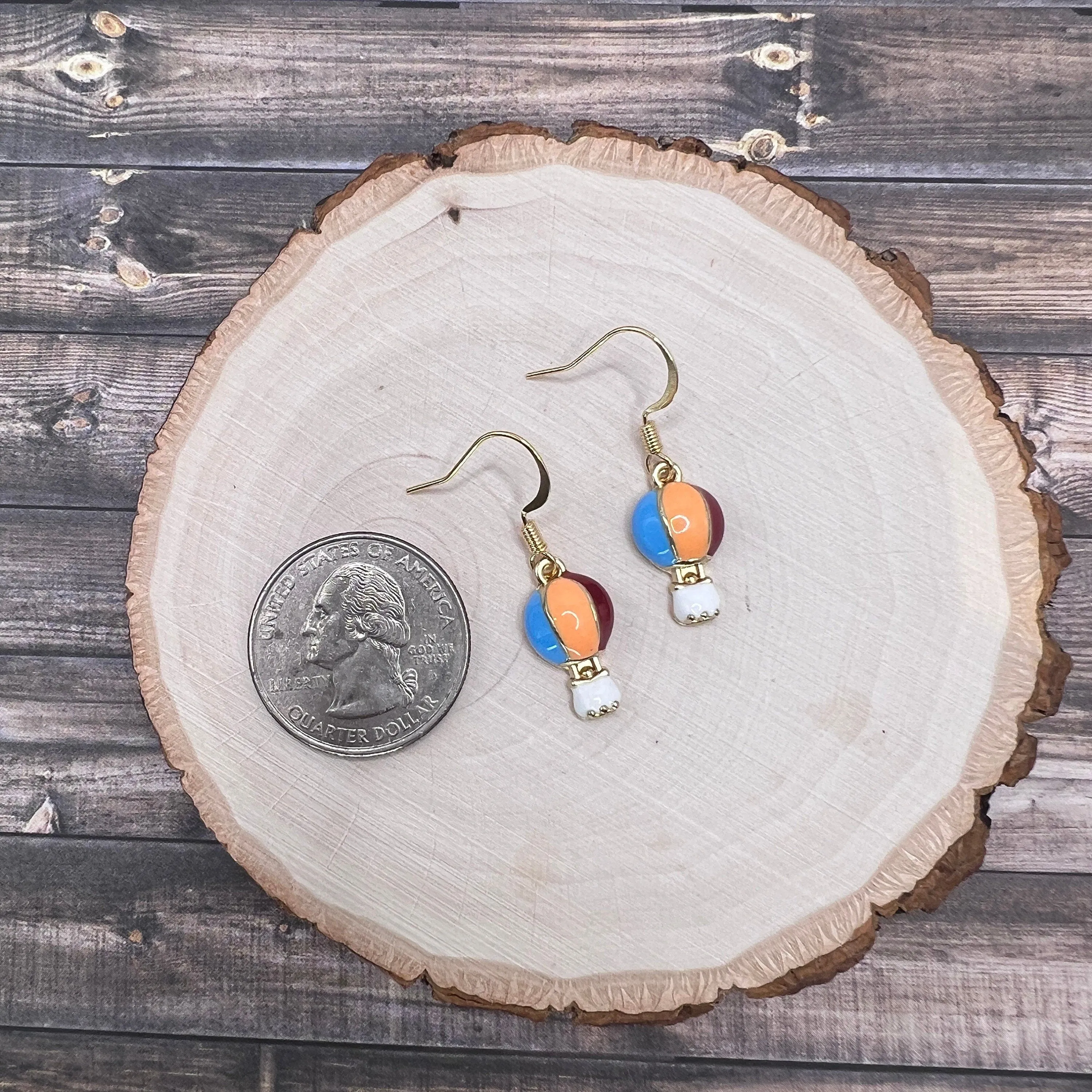 Petite Dainty Hot Air Balloon Earrings, Hypoallergenic, Goldtone, Enamel, Red Orange Blue - Clearance